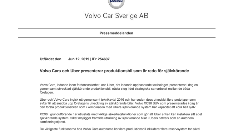 Volvo Cars och Uber presenterar produktionsbil som är redo för självkörande