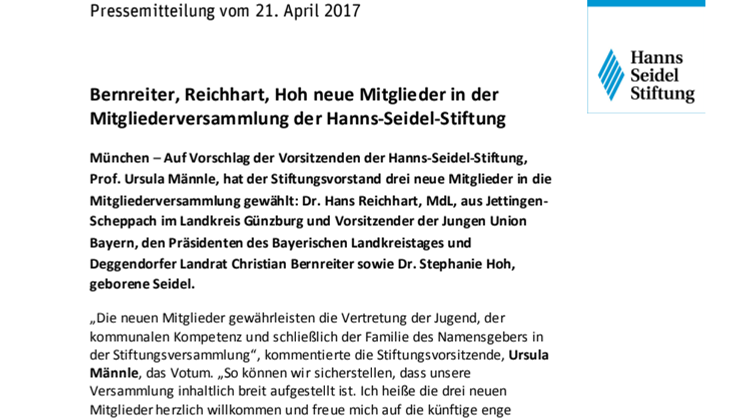 Bernreiter, Reichhart, Hoh neue Mitglieder in der Mitgliederversammlung der Hanns-Seidel-Stiftung