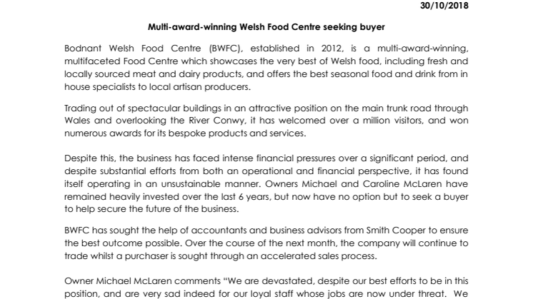 Multi-award-winning Welsh Food Centre seeking buyer