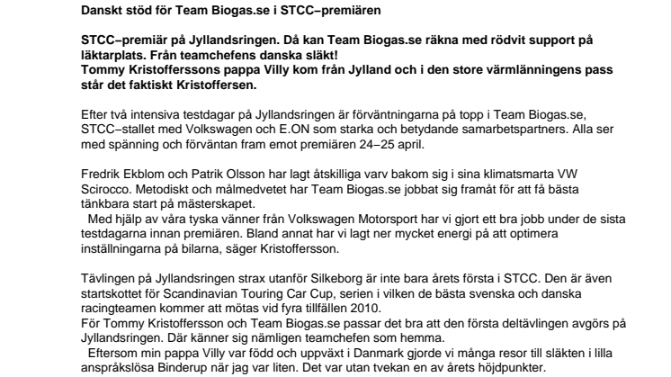 Danskt stöd för Team Biogas.se i STCC-premiären