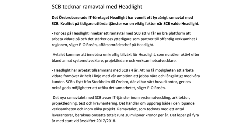 SCB tecknar ramavtal med Headlight