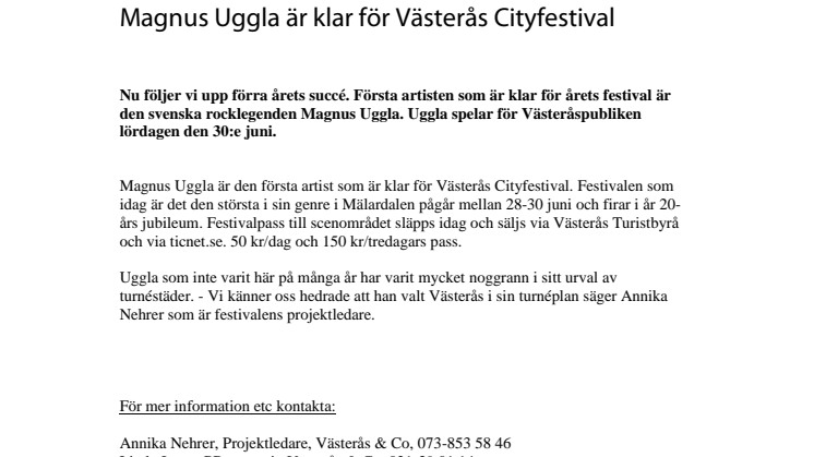 Magnus Uggla är klar för Västerås Cityfestival 