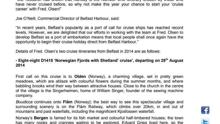 Fred. Olsen Cruise Lines returns to Belfast Harbour in 2014