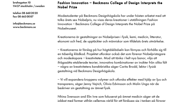 Fashion Innovation - Beckmans College of Design Interprets the Nobel Prize