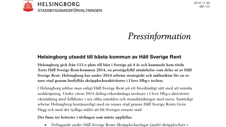 Helsingborg utsedd till bästa kommun av Håll Sverige Rent