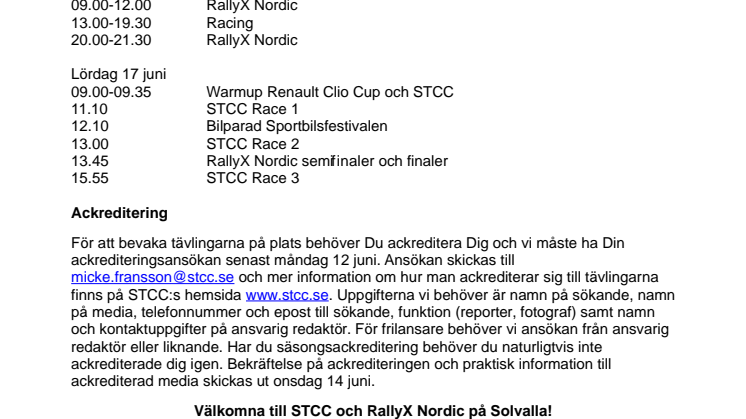 Mediainbjudan STCC och RallyX Nordic Solvalla 16-17 juni