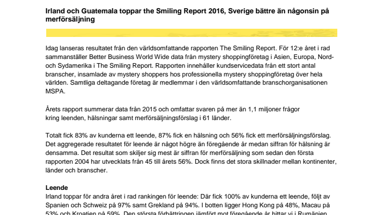 Irland och Guatemala toppar the Smiling Report 2016, Sverige bättre än någonsin på merförsäljning 