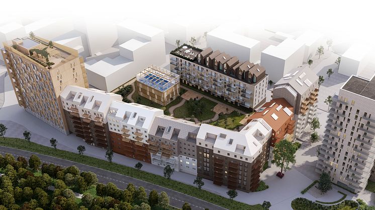 En skissbild på kvarteret Förseglet där Mimer planerar att bygga ca 490 lägenheter. Det är den blivande fastigheten till höger, med en byggnad på upp till 16 våningar, som Mimer sålt till Junior Living.
