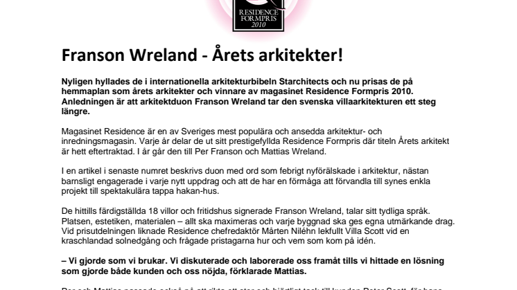 Franson Wreland - Årets arkitekter 2010!