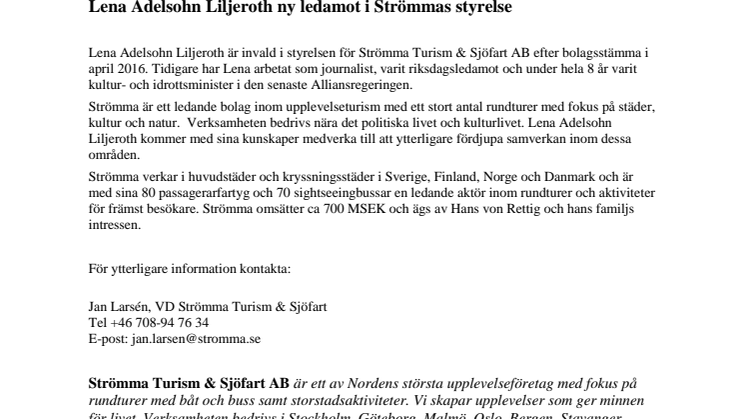 Lena Adelsohn Liljeroth ny ledamot i Strömmas styrelse