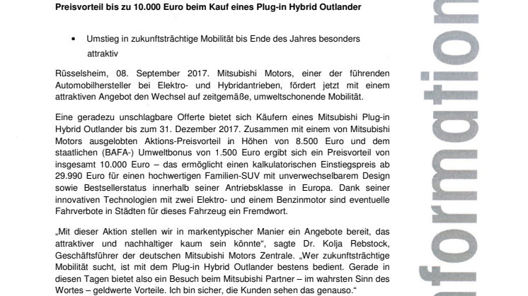 Preisvorteil bis zu 10.000 Euro beim Kauf eines Plug-in Hybrid Outlander