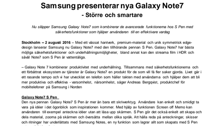 Samsung presenterar nya Galaxy Note7 - Större och smartare