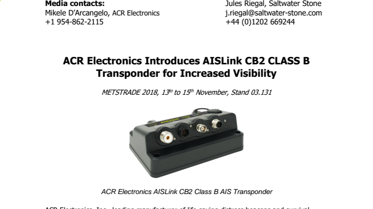 ACR Electronics Introduces AISLink CB2 CLASS B Transponder for Increased Visibility