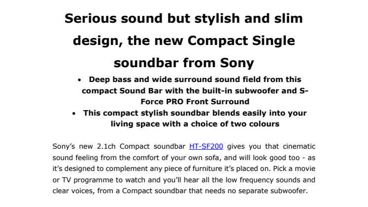​Sonys nya kompakta Single Soundbar – mäktigt ljud i elegant och slimmad design