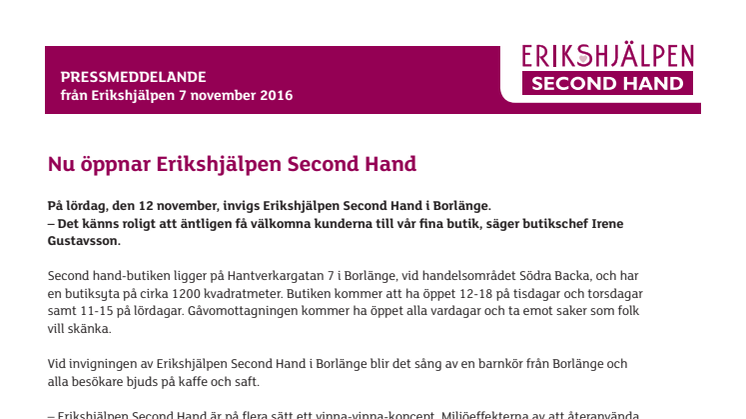 Nu öppnar Erikshjälpen Second Hand i Borlänge