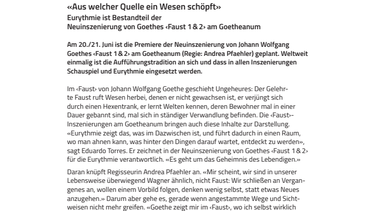 «Aus welcher Quelle ein Wesen schöpft». Eurythmie ist Bestandteil der Neuinszenierung von Goethes ‹Faust 1 & 2› am Goetheanum