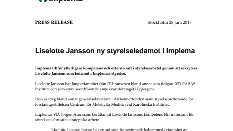Liselotte Jansson ny styrelseledamot i Implema