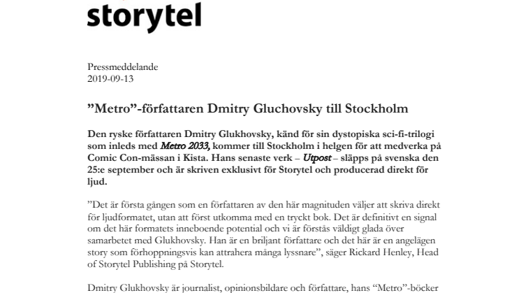 ”Metro”-författaren Dmitry Gluchovsky till Stockholm