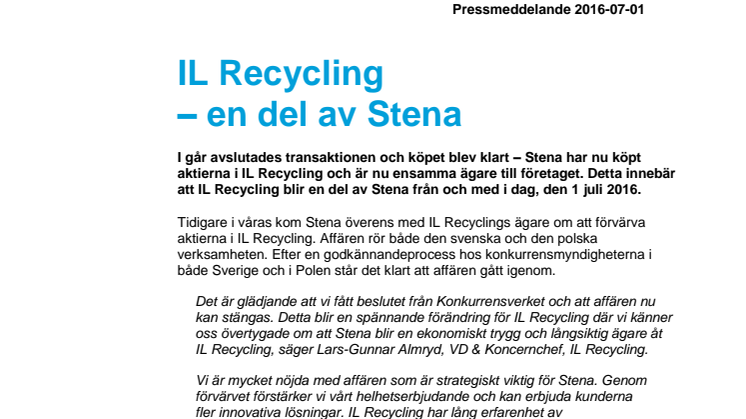 IL Recycling – en del av Stena 