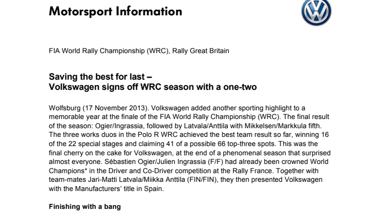 Saving the best for last – Volkswagen signs off WRC season with a one - two