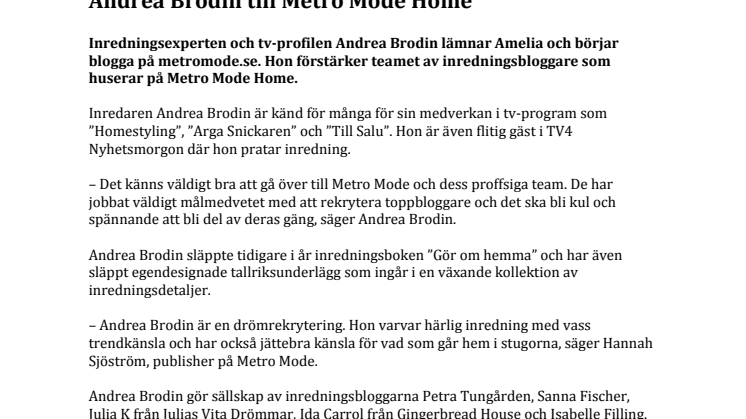 Andrea Brodin till Metro Mode Home 