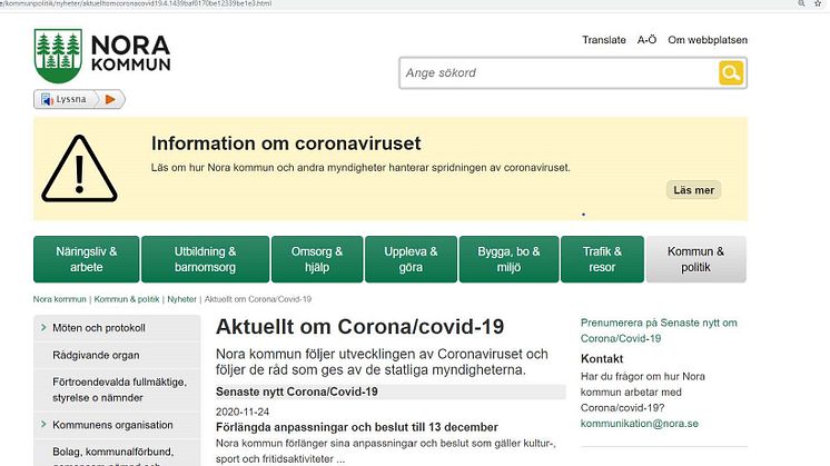 På Nora kommuns webbplats www.nora.se/corona finns all information om vad som gäller i Nora kommun kring corona-smittan.
