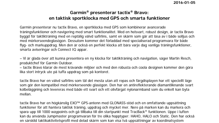 Garmin® presenterar tactix® Bravo: en taktisk sportklocka med GPS och smarta funktioner