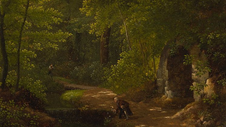 Rousseau plockar blommor nära Banc des vieillards, vy från parken i Ermenonville. Alexandre Dunouy (ca 1800)