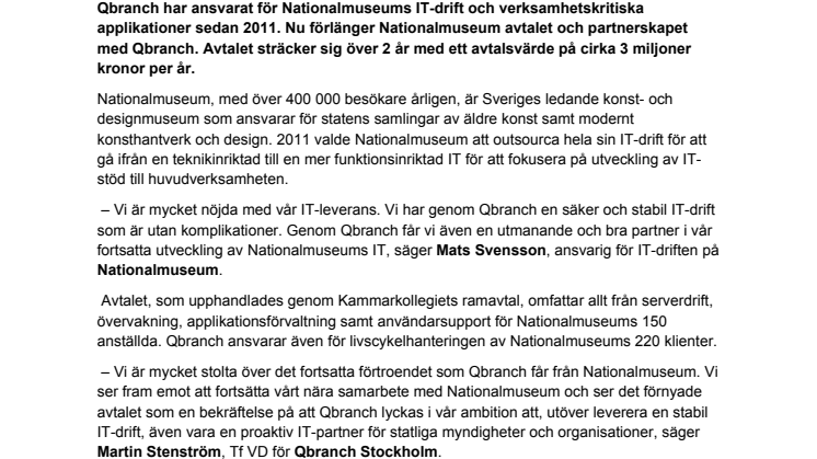 NATIONALMUSEUM FÖRLÄNGER IT-OUTSOURCINGAVTAL MED QBRANCH
