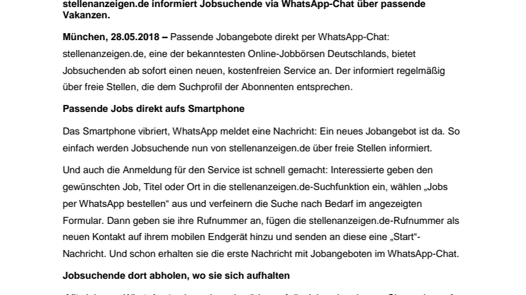Neuer Service bei stellenanzeigen.de: kostenlos passende Stellenangebote per WhatsApp