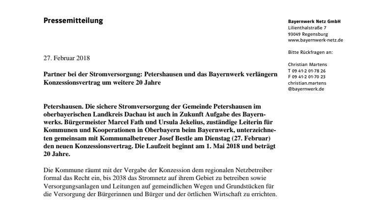 Bayernwerk und Petershausen verlängern Stromnetz-Partnerschaft