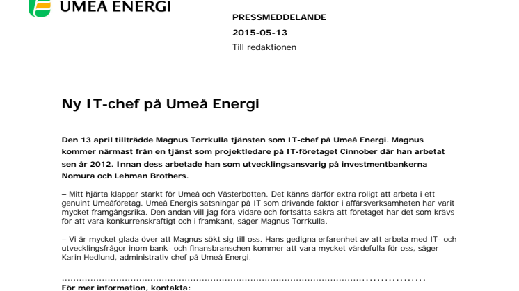 Ny IT-chef på Umeå Energi 