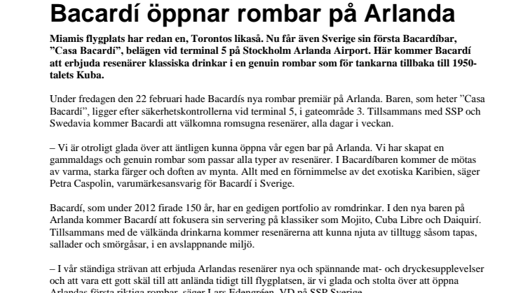 Bacardí öppnar rombar på Arlanda