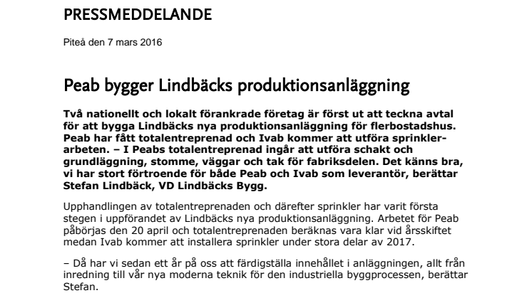 Peab bygger Lindbäcks nya produktionsanläggning