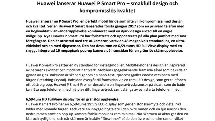 Huawei lanserar Huawei P Smart Pro – smakfull design och kompromisslös kvalitet 