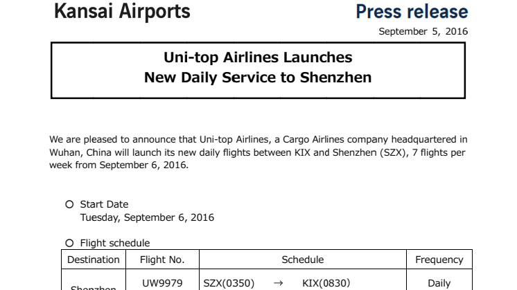 Uni-top Airlines Launches  New Daily Service to Shenzhen