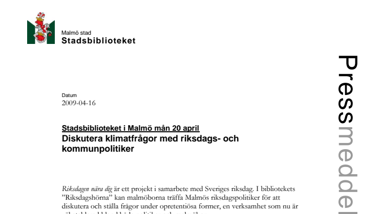 Diskutera klimatfrågor med riksdags- och kommunpolitiker på Stadsbiblioteket i Malmö måndag 20 april