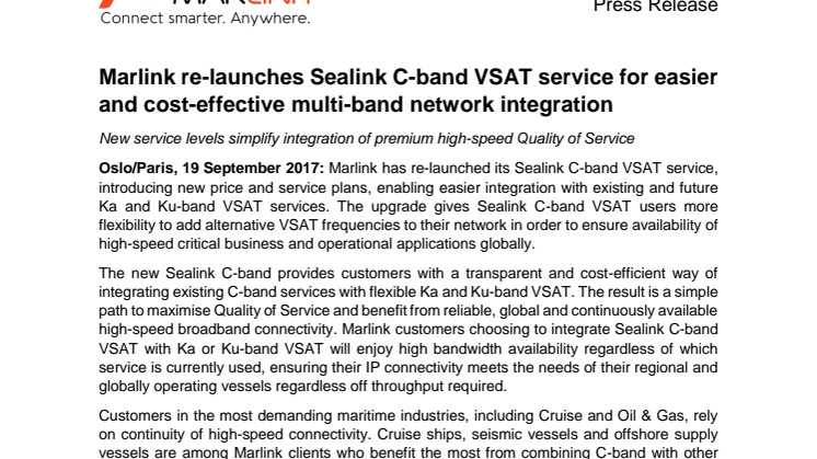 Marlink re-launches Sealink C-band VSAT service for easier and cost-effective multi-band network integration