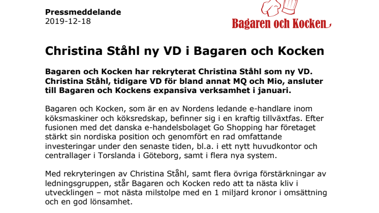 Christina Ståhl ny VD i Bagaren och Kocken 