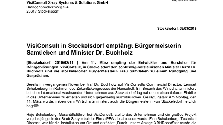 VisiConsult in Stockelsdorf empfängt Bürgermeisterin Samtleben und Minister Dr. Buchholz