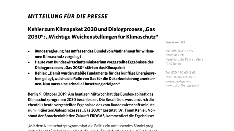 Kehler zum Klimapaket 2030 und Dialogprozess „Gas 2030“: „Wichtige Weichenstellungen für Klimaschutz“