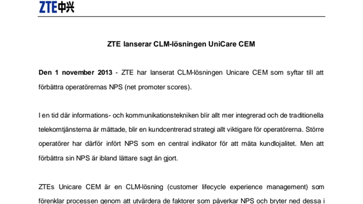 ZTE lanserar CLM-lösningen UniCare CEM 