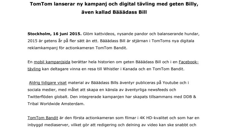 ​TomTom lanserar ny kampanj och digital tävling med geten Billy, även kallad Bääädass Bill