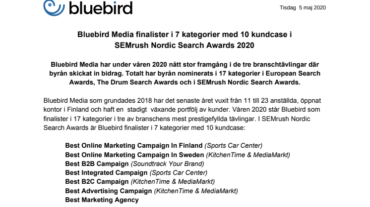 Bluebird Media finalister i 7 kategorier med 10 kundcase i SEMrush Nordic Search Awards 2020