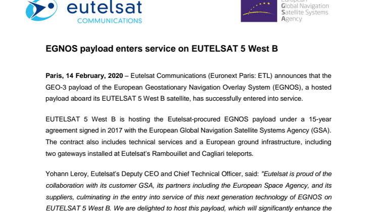 EGNOS payload enters service on EUTELSAT 5 West B