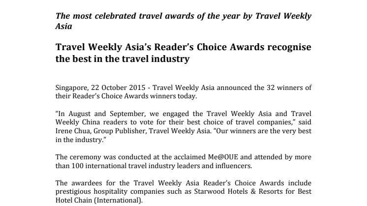 The most celebrated travel awards of the year by Travel Weekly Asia