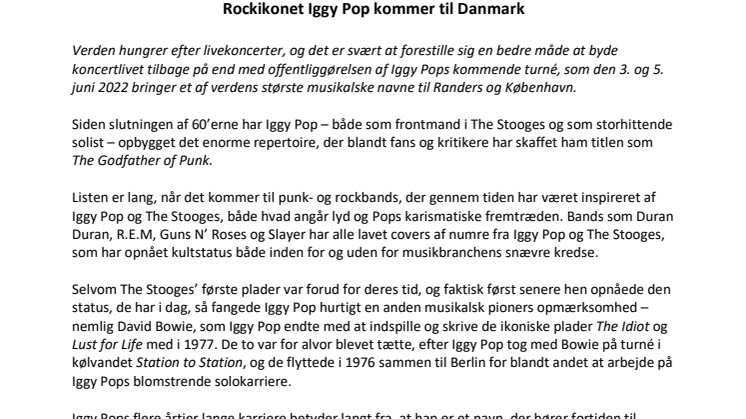 Rockikonet Iggy Pop kommer til Danmark