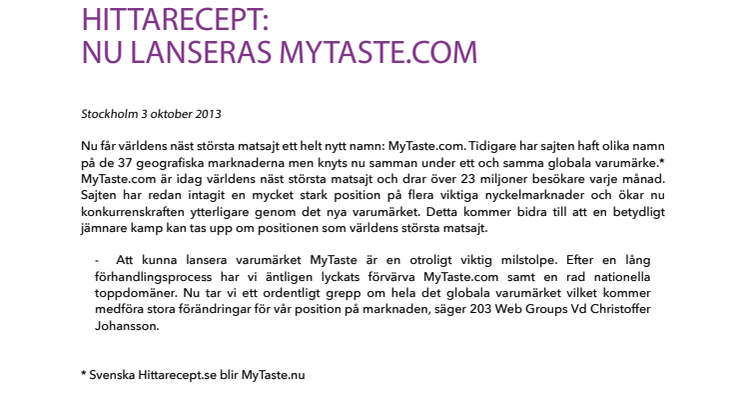 Hittarecept: Nu lanseras MyTaste.com