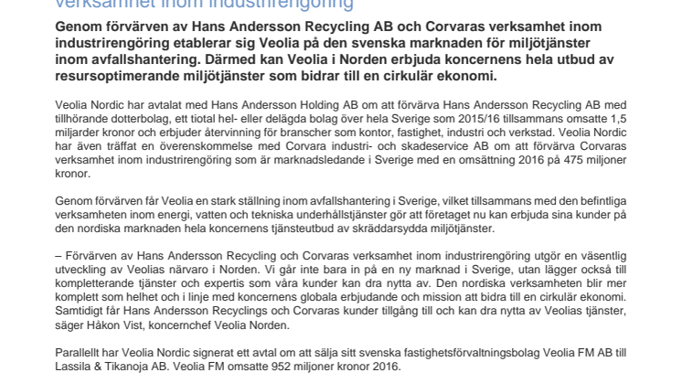 Veolia förvärvar Hans Andersson Recycling och Corvaras verksamhet inom industrirengöring