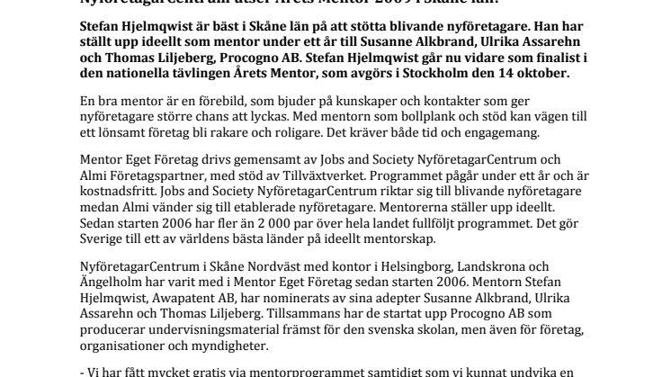 NyföretagarCentrum utser Årets Mentor 2009 i Skåne län!